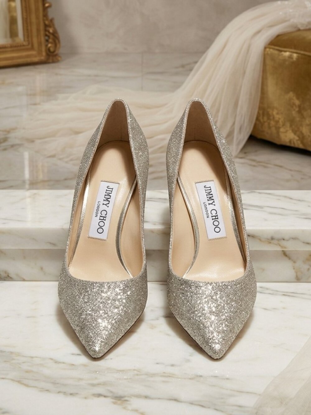 NWT Jimmy Choo Romy Pumps 38.5 in Dusty Neutral Glitter – Perfect for Weddings